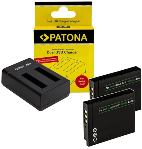 3in1-SET 2 Akkus + Ladegerät für die Kodak PIXPRO WPZ2 wasserdichte Action Kamera | ersetzt den Kodak Akku LB-015 (750mAh)