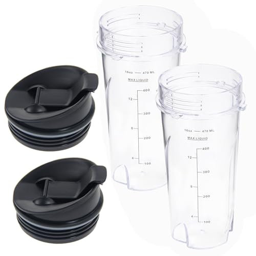 16oz Replacement Cups for Ninja BL770 BL660 BL810 Fit Compact Personal Blender, 16oz Blender Cups Replacement Parts Compatible with Ninja QB3001SS Blender (2 cups+ 2 sip&seal lids)