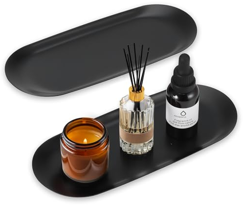 Fentar 2stk Deko Tablett, Edelstahl Kleines Tablett Schwarz, Schmuckschale Tablett Klein, Oval Serviertablett Dekotablett, Elegantes Dekoteller, Mini Tablett für Schmuck Desserts Snack Kaffee