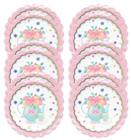 Afternoon Tea Floral Paper Disposable Plates Cups Napkins Table Cloth, Paper Tableware for Mother's Day Afternoon Tea Wedding Anniversary Birthday Baby Shower Decoration (9 in 24 pcs)