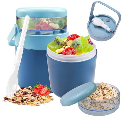 Rongxze Müslibecher to go, 570ml+160ml Doppelschicht Joghurtbecher mit Faltbarem Löffel, Müsli to go Becher für Schule, Arbeit, Tourismus Tragen Obstbehälter,Salatbecher Yoghurt Zum Frühstück Müsli
