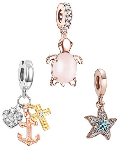 Annmors 925 Sterling Silber Bead Charms Europäische Armbänder Halskette Pink Sea Turtle Anchor Starfish Perlen Zirkonia,Weihnachten,Valentinstag,Muttertag,Geschenkanhänger Frauen Mädchen 3-Stück/Paket