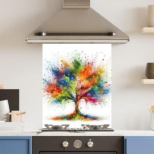 Toughened 6mm Glass Kitchen Splashback 60 x 75cm Rainbow Tree - Polished Edge Heat Resistant Back Splash for Cookers Hob