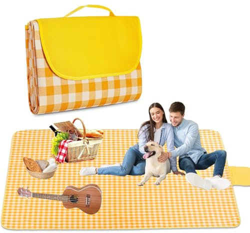 ZKGYUS Bequeme Picknickdecke,200x200cm,große strandtasche, Campingdecke,mit Griff,wasserdichte Unterseite,maschinenwaschbar, Faltbare Wanderdecke, weich und tragbar (Gelb Gitter)