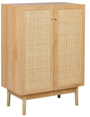 Beliani Sideboard 2 Türen Regalböden Spanplatte Kiefer helle Rattanfront Boho rustikal Stil Nivo