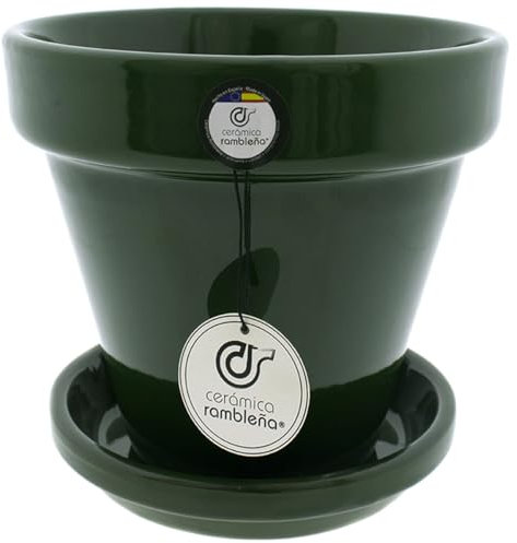 CERÁMICA RAMBLEÑA | Maceta Suelo | Maceta de Barro | Maceta cerámica Decorado Liso | Verde - Modelo D138 | 20x20x19 cm | Plato Incluido