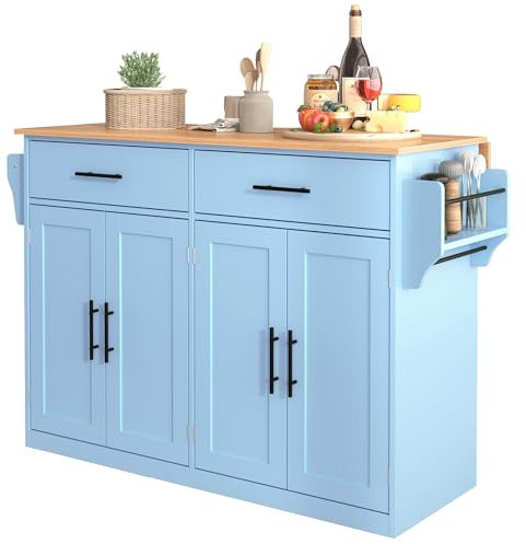 Carro de servicio rodante, armario de almacenamiento con ruedas, encimera extensible y patas de madera intercambiables, 2 cajones armario de 4 puertas, color azul