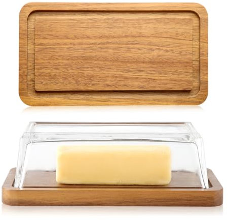 LiWiBet Beurrier en verre 22 x 11 cm en bois d'acacia avec couvercle transparent pour 250 g de beurre, beurrier en bois