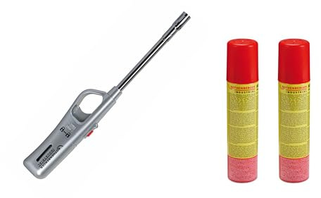 ROTHENBERGER Industrial 1x Gasanzünder Sturmsicher inkl. 2X Rofill Gas 100 ml | Stab Feuerzeug | Piezo | Füllanzeige | Wiederbefüllbar | Kindersicherung | Abzugsperre