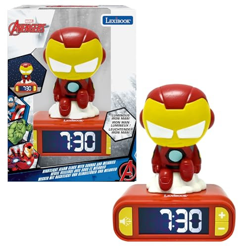 LEXIBOOK, Marvel Iron Man Nachtlichtwecker, Sounds und Melodien, hintergrundbeleuchteter LCD-Bildschirm, Leuchtend, Snooze, Rot, klein