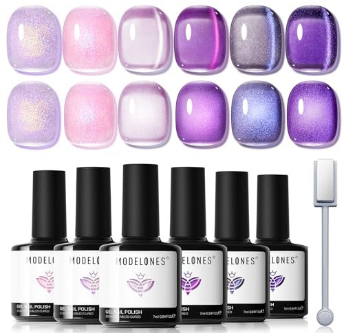 Modelones Cat Eye Gel Nail Polish 6 Colors Purple Pink Glitter Cat Eye Gel Polish With Magnet Sparkle Galaxy Series Nail Kit Soak OFF Nail Art Manicure Salon DIY Gift For Women