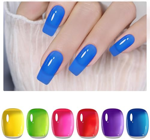 INPING UV Nagellack Jelly Neon, 6 Farben Limettengrün Gelb Rosa Blau Rot Violet Gel Nagellack UV Kristall Transparent Polish,Frühling Sommer Gelnägel Soak Off UV für Frauen Home DIY Nagelsalon, 8 ML