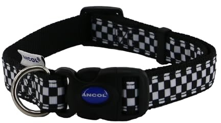 Ancol Black White Checkerboard Patterned Adjustable Dog Collar To Fit Neck 45-70 cm Size 5-9
