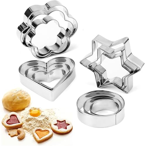 12 Pezzi Formine per Biscotti, stampi per biscotti in acciaio inox, Mini formine Metallo, a forma di cuore, stella, fiore, rotondo, per Creare Biscotti, Tortine, Pasticcini e Glasse