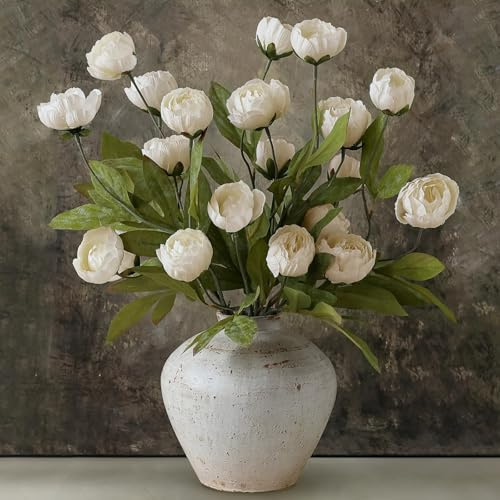 VIERENA 6 Pcs Faux Silk Peony Artificial Flowers for Vase -27, Bulk Fake Peonies Branches with Stems for DIY Bouquet Centerpieces Wedding Fillers Arrangements Shower Decorations (Cream)