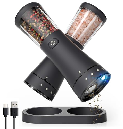 Deleca Salz und Pfeffermühle Elektrisch - Gustaro - 130ml - Einstellbarer Mahlgrad - USB-C Aufladbar - LED-Licht - Keramikmahlwerk - Matt Schwarz