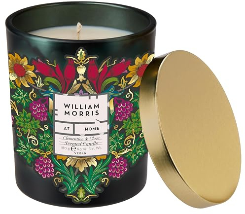 William Morris at Home Scented Candle 180g, Home Fragrance, Clementine and Clove Scent, 40 Hours Burn Time, Reusable Jar, Housewarming Gift, Cruelty and Vegan Free, Black