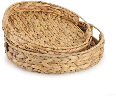 Feegow Bandeja redonda de jacinto de agua, cesta de almacenamiento decorativa natural tejida a mano con asas, 30 x 30 x 5 cm y 25 x 25 x 5 cm. Opciones de tamaños (bandeja de lengüetas)