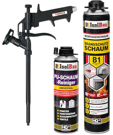 Isolbau - Bauschaum B1 - Montageschaum - PU-Schaum 750 ml - Pistolenschaum, 1 x PU-Schaum-Reiniger & 1 x Schaumpistole - 1K Brandschutzschaum - Dämmschaum - Abdichtung, Wärmedämmung