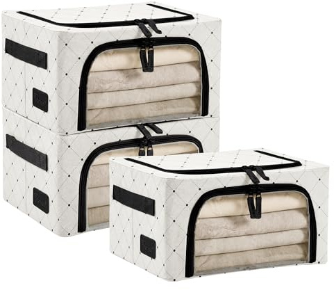 Periea Beau 3 Pack Storage Boxes 11L (30x23.5x16cm) – Collapsible Stackable Fabric Organisers Storage Bags with Steel Frame, Front Window & Top/Front Zip Access – (Black Dot)