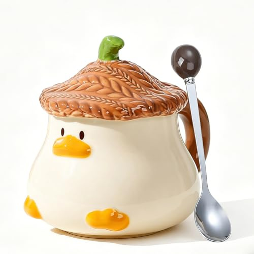 Cute 3D Duck Coffee Mug 400 ml Ceramic Funny Cartoon Mug with Lid and Spoon 11.5 cm, Cocoa Mug for Tea, Coffee, Cocoa, Gift for Valentine's Day, Birthday, Mother's Day (Brown)