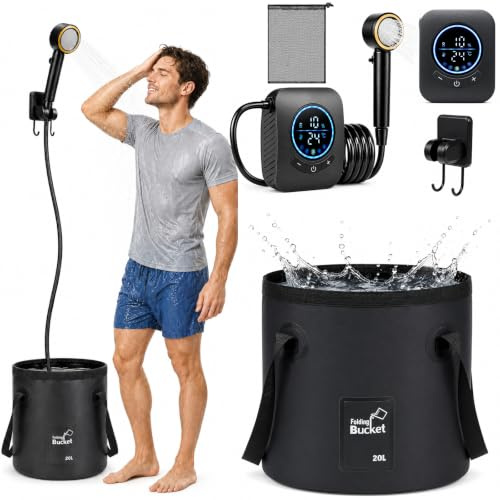 Doccia Da Campeggio con Secchio Pieghevole 20L, 8000mAh Doccia Ricaricabile Portatile Impermeabile IPX7 con Display Digitale Soffione Regolabile Doccia da Esterno per Spiaggia Animali Auto Giardino