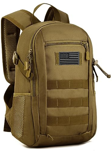 ArcEnCiel 10L Mini X-small Tactical Backpack MOLLE Daypack Gear Pack Camping Bag with Patch (Coyote Brown)