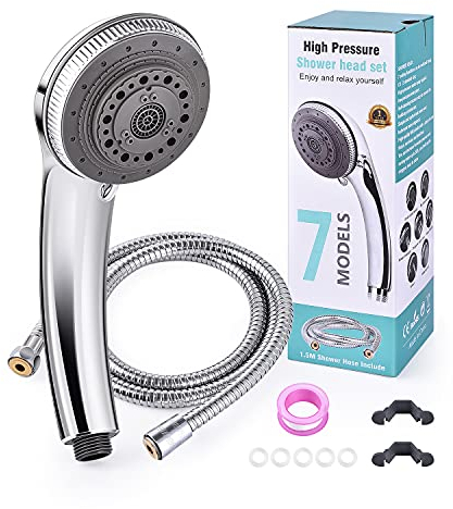 Duschkopf, 7 Strahlarten Hochdruck Wassersparend Handbrause, Handbrause mit Schlauch(1.5M), Luxus Spa Verstellbar Handbrause Duschbrause Universal Dusch Kopf Chrom