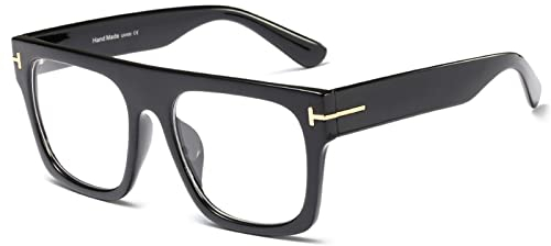 Jurchio Unisex Stylish Square Non-prescription Eyeglasses Glasses Flat Top Big Eyeglass Frames Large lens Clear Lens Eyewear (Black-1)