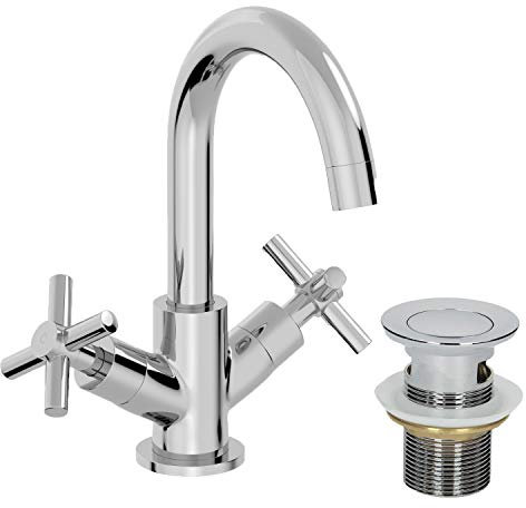 Modern Bathroom Mono Basin Sink Mixer Tap Brass Cross Head Handle Curved Spout Chrome Slotted Basin Waste