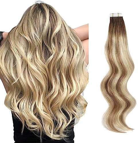 ABH AMAZINGBEAUTY HAIR Tape In Extensions Echthaar Doppelseitige Extensions Tape Highlight Tape in Extensions Echtes Remy Menschenhaar Aschbraun Strandblond mit Dunkelbrauner Wurzel R3-8-613 45 cm