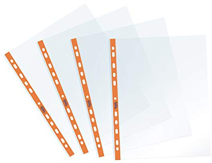 Favorit 400136861 Buste Trasparenti, Foratura Universale, Formato Interno 22 x 30 cm, Finitura Liscia, Adatte per Fogli A4, Confezione da 25 Pezzi con Banda Con Fori Arancio Fluo