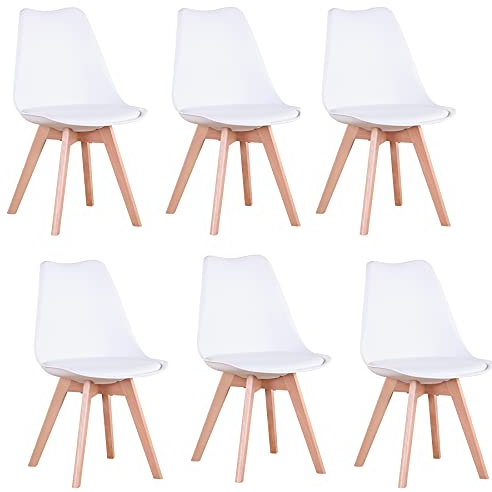 EGOONM 6er Set stühle Esszimmerstühle mit Massivholz Buche Bein, Retro Design Gepolsterter Stuhl Küchenstuhl Holz, Weiß