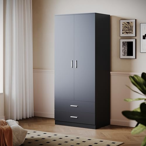 ELEGANT 2 Door Wardrobes with Clothes Hanging Rail and 2 Drawers, Black | Large Storage Unit Cabinet for Modern Bedroom Furniture, 50D x 77W x 180H cm