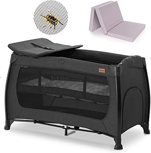 hauck Baby Reisebett Play n Relax Center Set mit Komfort Matratze und Insektenschutz - Babyreisebett mit Neugeborenen Einsatz, Wickelauflage und Tasche (höhenverstellbar & faltbar) - Melange Schwarz
