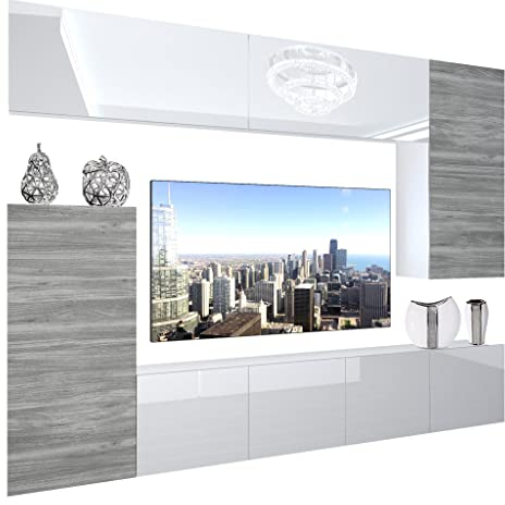 BELINI Wohnwand Wohnzimmer-Set Vollausstattung Moderne Schrankwand mit LED-Beleuchtung Anbauwand TV-Schrank Weiß/Glamourholz
