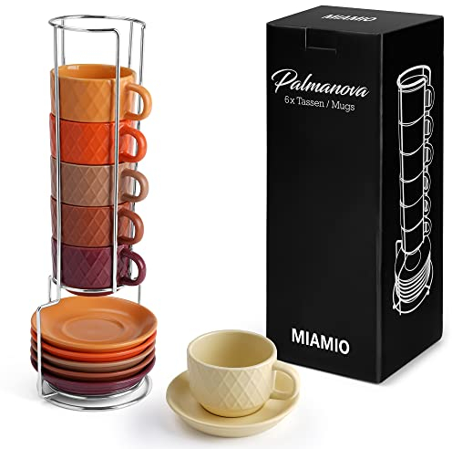MIAMIO - 6 x 75 ml Stoneware Espresso Mug, Cup Set Modern with Stand and Saucers - Palmanova Collection (Magma Red)