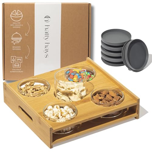 HATTY HAYS Holztablett inkl. Vorratsgläser mit Deckel [4x 160ml & 1x 500ml] aus Glas und Bambus | Küchenorganisation, Couchbar & Servierplatte Snackteller mit Deckel | ideale Tapas Schalen, Dipschalen