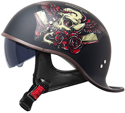 DXDRT Motorrad Retro Halbgesicht Helm Erwachsene Männer Frauen Vintage Deutsche Stil Offenes Gesicht Totenkopf Kappe Helme Für Roller Moped ATV Motorrad Baseballkappe Mit Visierbrille,Rose,L