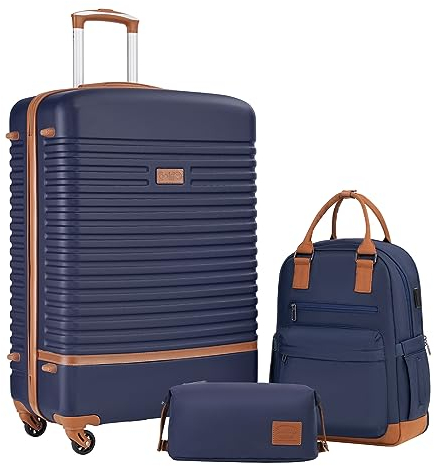 COOLIFE Koffer Trolley Koffer Reisekoffer von ABS Hartschalen Trolley 4 Rollen TSA-Schloss Der Koffer Enthält 1 Reiserucksack und 1 Kulturbeutel (Blau/Braun, Großer Koffer-Set 3tlg)