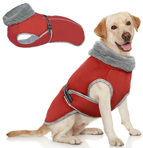 3XL Hundemantel, Winterjacke für große Hunderassen, Warmer Hundemantel, reflektierende Hundeweste mit Geschirr, wasserdichte Winterkleidung für Hunde, große Hundejacke, Outdoor-Hundemantel (Rot, 3XL)