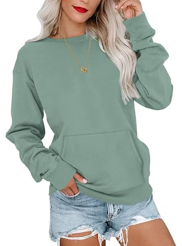 WNEEDU Sweatshirt Damen Rundhalsausschnitt Langarmshirts Herbstoutfits Lässig Bluse Damen mit Känguru Tasche Grün XL