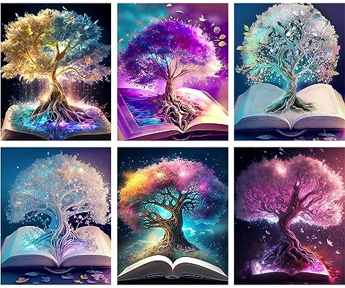 NAIMOER 6Packs Baum Diamond Painting Kits für Erwachsene Kinder, 5D Diamant Painting Weißer Baum des Lebens Bilder, Diamond Painting Blumen Bilder Kinder Malerei Set für Home Dekor 30x40cm
