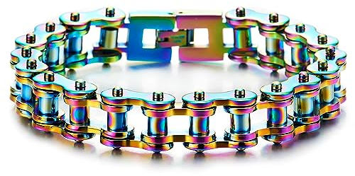 COOLSTEELANDBEYOND Klassiker Herren-Armband Fahrradkette Motorradkette aus Edelstahl Regenbogen Farbe Poliert