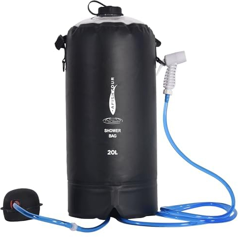 AFISHTOUR Bolsa de ducha portátil para campamento, bolsa de agua solar de 20 L/5 galones con bomba de pie, manguera y cabezal de ducha, ducha de campamento para camping, playa, natación, senderismo,