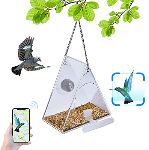 Window Bird Feeder with Camera, Clear Bird House with HD 1080P Camera, Small Hanging Bird Feeders mit Smart Camera for Outside Outdoor Garden Wild Bird Watching Photo Taking Video Recording (Triangle)