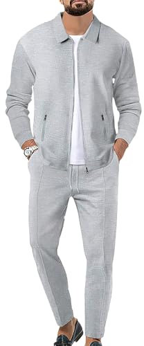 Uomo Tute da Ginnastica Waffle Manica Lunga Cerniera Giacca & Pantaloni Set di 2 Pezzi Grigio per Casual Sport Lavoro, XL