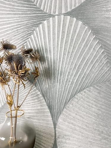 Newroom Vliestapete Silber Blätter Metallic Tapete Wohnzimmer | geprägtes Blattmotiv fächerförmig, feine Rillenstruktur, 3D-Relief, Mustertapete, Wandtapete, Schlafzimmer Flur