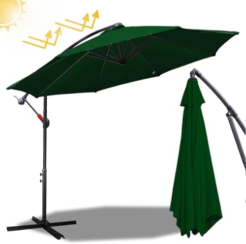 Fiqops Sombrilla de jardin 350 cm con manivela | sombrilla de aluminio con soporte, protección solar UV de aluminio, paraguas de manivela impermeable, Verde