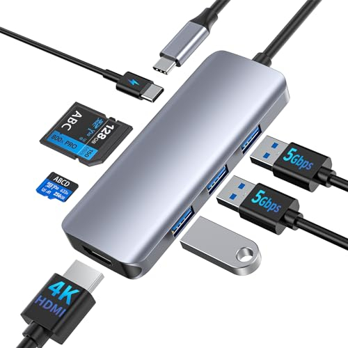 Hub USB C, 7 in 1 Adattatore USB C Multiporta Hub con HDMI 4K, PD 100W, 3 USB-A 3.0 5Gbps, Lettore Schede SD/TF, Docking Station per Computer Portatili per MacBook Pro Air M2 M1, Dell, iPad, iPhone 15